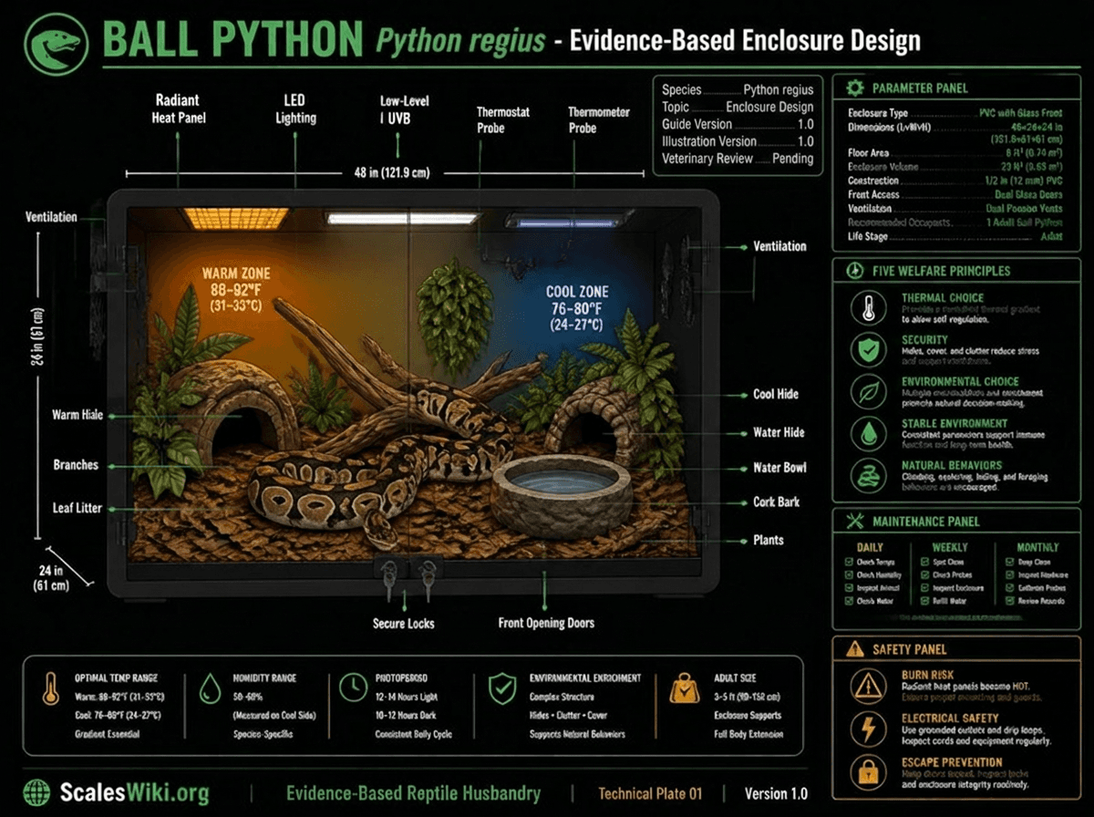 Technical illustration of a recommended Ball Python enclosure showing heating, lighting, environmental gradients, hides, enrichment, ventilation, and husbandry parameters.